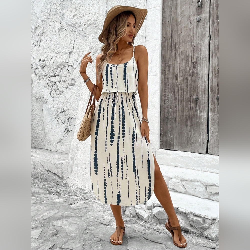 Women's Summer Skin-Friendly Tie-Dye Spaghetti Strap Dress With Waist Belt - Picture 1 of 6